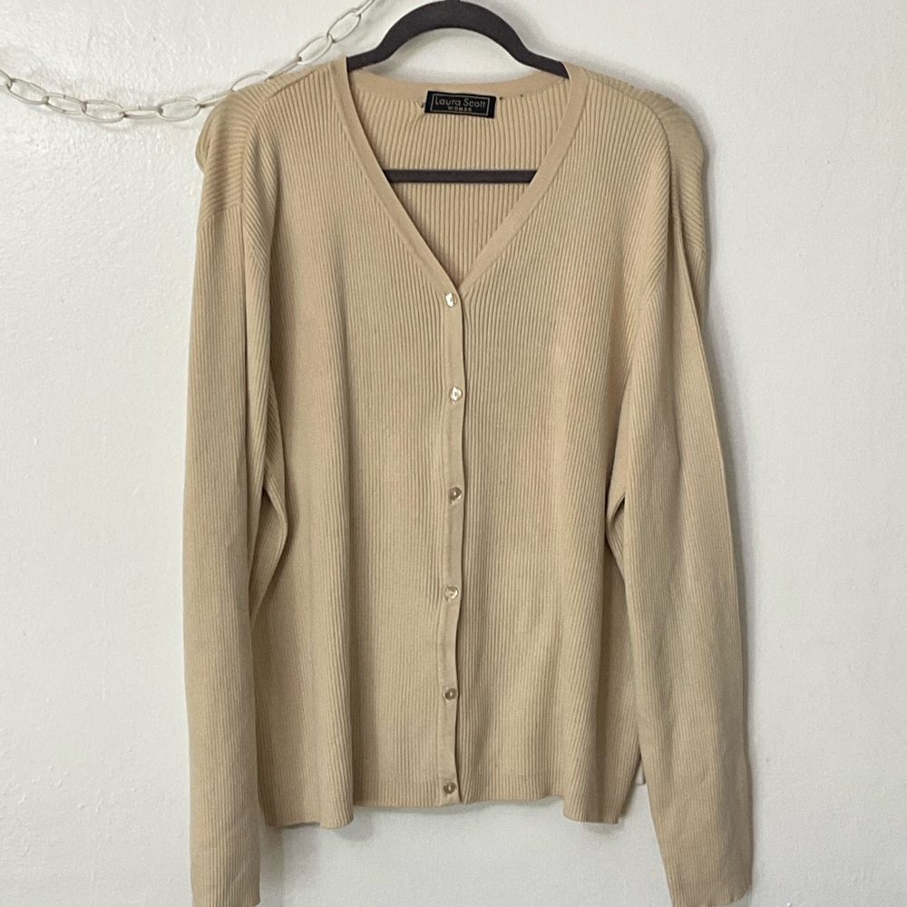 Laura Scott Beige Ribbed V-Neck Button Cardigan